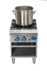 A large stainless steel stock pot sits atop a Globe GSP18G gas stock pot range with two blue control knobs, black grates, metallic legs, and an open shelf beneath—all set against a white background.