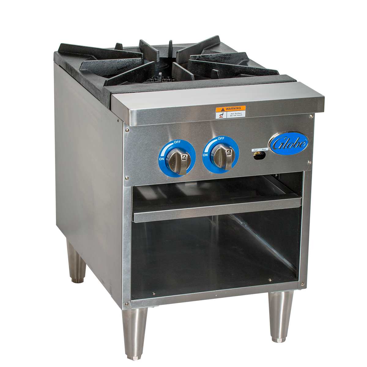 A stainless steel Globe GSP18G commercial stock pot range with two black gas burner grates, blue “OFF” and “ON” knobs, a lower open shelf, warning label above the knobs, and sturdy legs. Brand name Globe appears on the front.