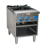 A stainless steel Globe GSP18G commercial stock pot range with two black gas burner grates, blue “OFF” and “ON” knobs, a lower open shelf, warning label above the knobs, and sturdy legs. Brand name Globe appears on the front.