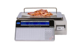 A digital deli scale with a dual-sided LCD display shows 0.63 lbs and price as sliced bacon rests on parchment atop the platform. The white and silver, legal for trade GSP30B model features a keypad, digital screen, and manufacturer’s label.