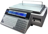 A digital weighing scale with a flat metal platform, alphanumeric keypad, dual-sided LCD display showing numbers, and a built-in receipt printer on the right. The label printing scale model name GSP30B is visible on the front.