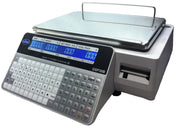 A digital weighing scale with a flat metal platform, alphanumeric keypad, dual-sided LCD display showing numbers, and a built-in receipt printer on the right. The label printing scale model name GSP30B is visible on the front.