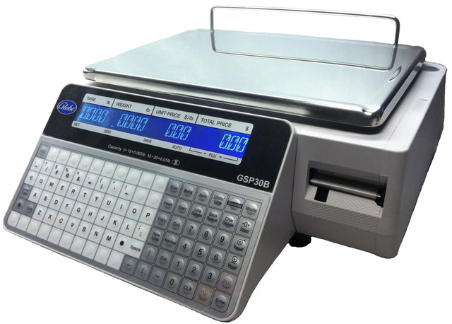 A digital weighing scale with a flat metal platform, alphanumeric keypad, dual-sided LCD display showing numbers, and a built-in receipt printer on the right. The label printing scale model name GSP30B is visible on the front.
