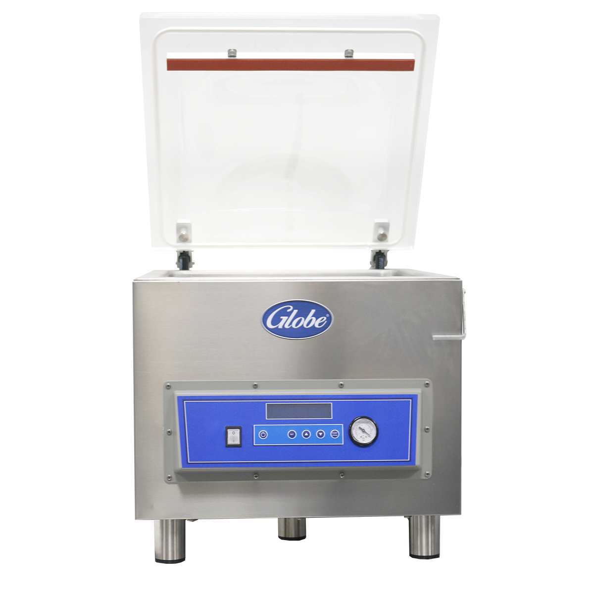 A stainless steel vacuum packaging machine with a transparent lid that opens upward. The front panel features a blue control panel with marination programming buttons, a digital display, a gauge, and the Globe logo above it. Four short legs provide stability.