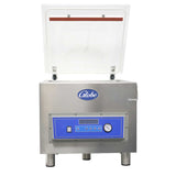 A stainless steel vacuum packaging machine with a transparent lid that opens upward. The front panel features a blue control panel with marination programming buttons, a digital display, a gauge, and the Globe logo above it. Four short legs provide stability.