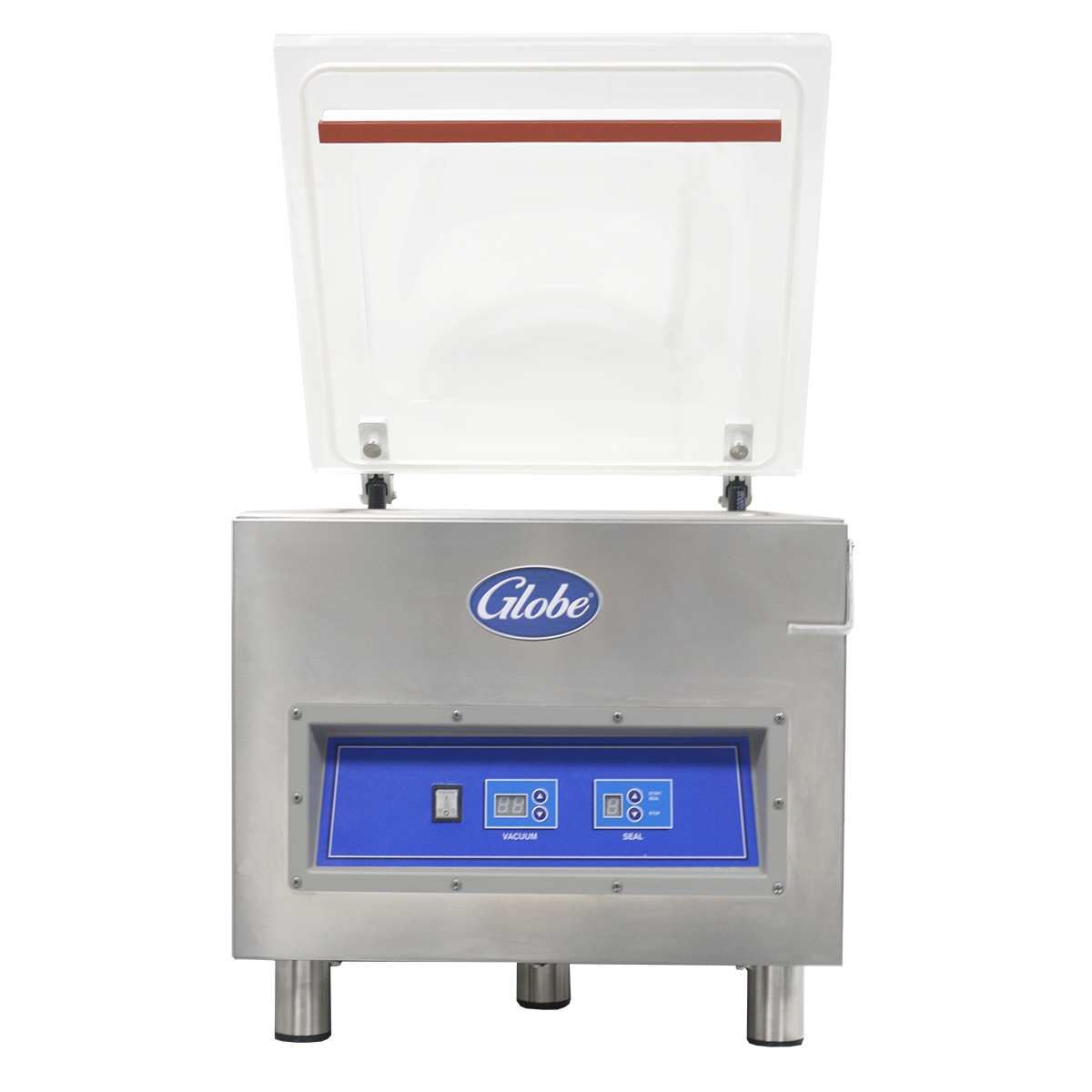 The Globe GVP20 vacuum packaging machine features a stainless steel body, clear open lid, 16-1/2" seal bar, and user-friendly digital controls. Its sleek design includes sturdy legs and the Globe logo above the control panel.