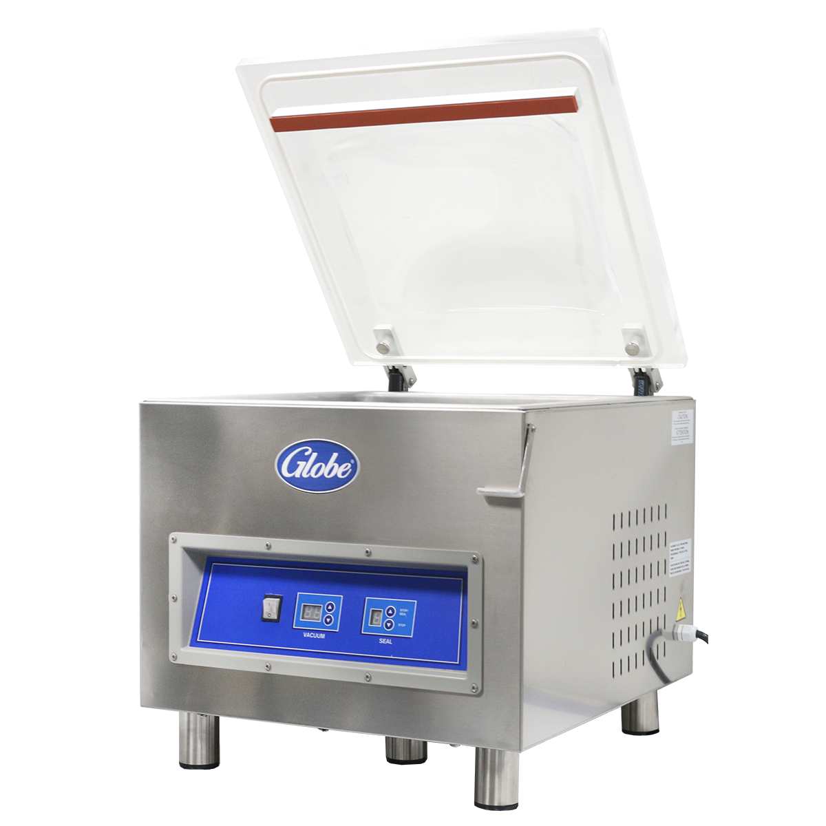 The Globe GVP20 vacuum packaging machine features a stainless steel body, transparent lid opening upwards, digital display, control buttons, and a power switch. It also includes a 16-1/2" seal bar and stands on four short legs with side ventilation slots.