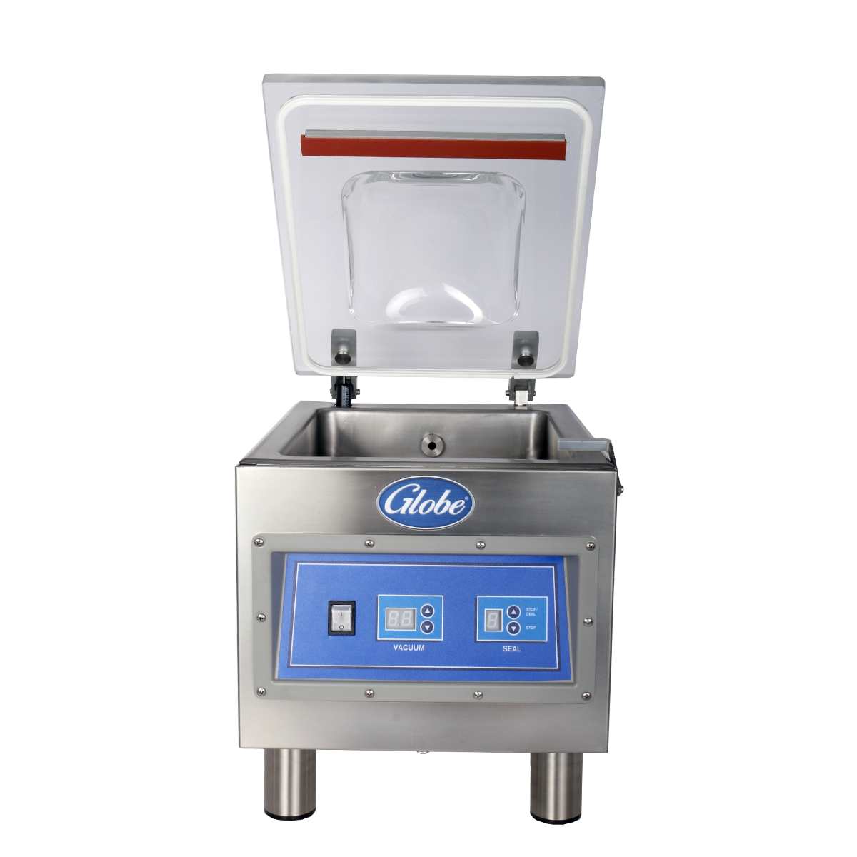 A stainless steel Globe GVP6 Vacuum Packaging Machine with a clear lid open upward reveals the inside chamber. The front panel features digital controls labeled Vacuum and Seal, and a 10-1/5" seal bar for efficient food preservation.