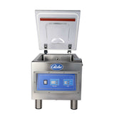 A stainless steel Globe GVP6 Vacuum Packaging Machine with a clear lid open upward reveals the inside chamber. The front panel features digital controls labeled Vacuum and Seal, and a 10-1/5" seal bar for efficient food preservation.