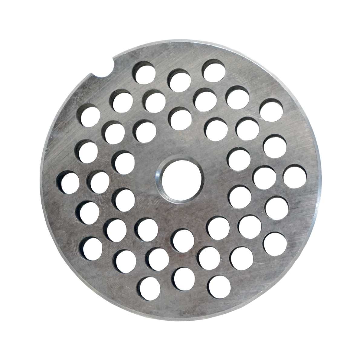 A round, flat metal disc with a central hole and multiple evenly spaced circular holes across its surface. One notch is cut along the edge. This clean, metallic chopper plate resembles a part for the Globe L00439 CM12 meat chopper.