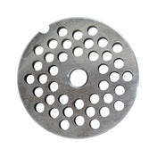 A round, flat metal disc with a central hole and multiple evenly spaced circular holes across its surface. One notch is cut along the edge. This clean, metallic chopper plate resembles a part for the Globe L00439 CM12 meat chopper.