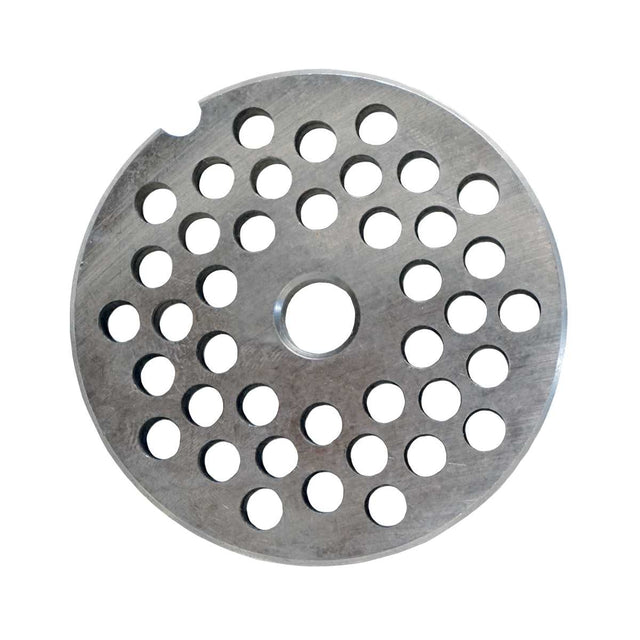 A round, flat metal disc with a central hole and multiple evenly spaced circular holes across its surface. One notch is cut along the edge. This clean, metallic chopper plate resembles a part for the Globe L00439 CM12 meat chopper.