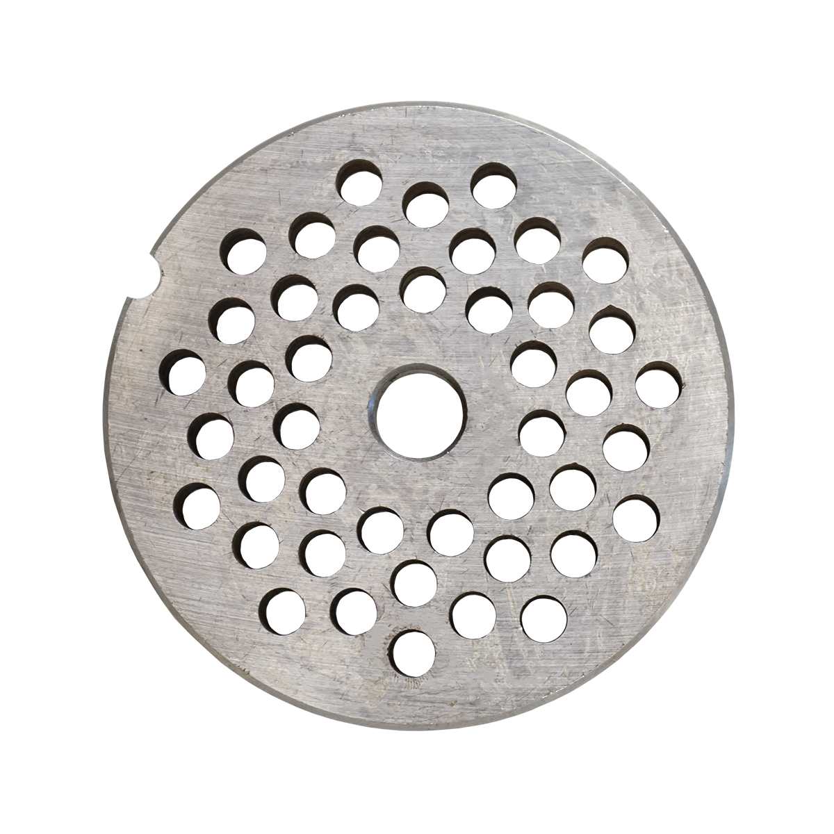 A round, flat metal disc with a small notch on the edge and multiple evenly spaced circular holes. The surface appears slightly worn from use. This object is typically a 1/4" chopper plate, such as the Globe L00480 Chopper Plate.