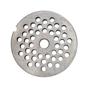 A round, flat metal disc with a small notch on the edge and multiple evenly spaced circular holes. The surface appears slightly worn from use. This object is typically a 1/4" chopper plate, such as the Globe L00480 Chopper Plate.