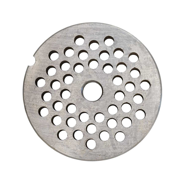 A round, flat metal disc with a small notch on the edge and multiple evenly spaced circular holes. The surface appears slightly worn from use. This object is typically a 1/4" chopper plate, such as the Globe L00480 Chopper Plate.