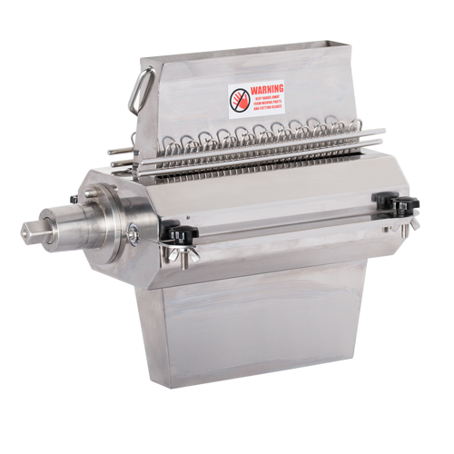 A stainless steel industrial machine part with a rectangular body, spring-loaded rollers, and a warning label. Featuring adjustable knobs and a cylindrical attachment point, this is the Globe L00670 Meat Tenderizer Attachment for CM12 meat chopper.