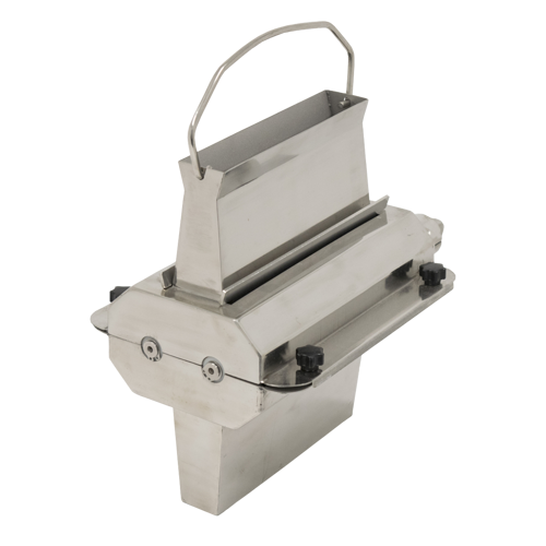 A stainless steel, rectangular object with a handle and two black knobs on the sides. Featuring a vertical slot in the middle, it appears to be a strip cutter, possibly a CM12 meat chopper or Globe attachment, for slicing or dispensing material.
