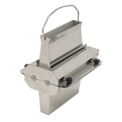 A stainless steel, rectangular object with a handle and two black knobs on the sides. Featuring a vertical slot in the middle, it appears to be a strip cutter, possibly a CM12 meat chopper or Globe attachment, for slicing or dispensing material.