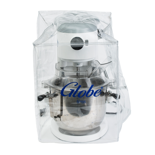 A commercial 5 qt. mixer with a metal bowl, topped with a transparent Mixer Cover featuring "Globe" in blue. The white SP05 mixer has metallic accents and is set against a crisp white background.