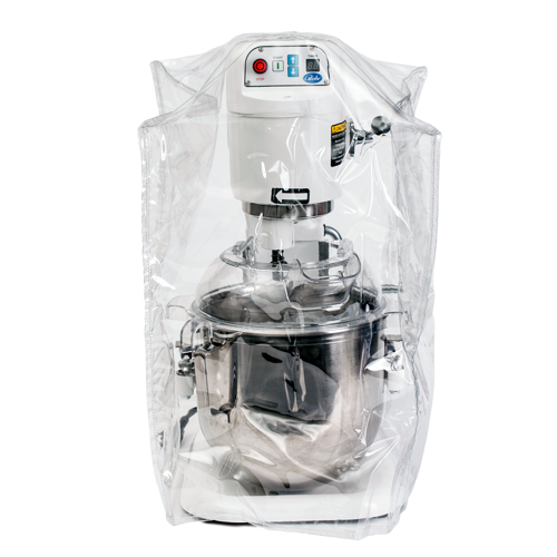 A large SP08 mixer covered in a clear Mixer Cover. The 8 qt. mixer is white with control buttons and features a shiny stainless steel mixing bowl, visible through the cover. The background is plain and light-colored.