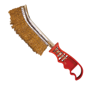 A panini brush with stiff, golden-bronze wire bristles, a curved silver metal spine, and a red ergonomic plastic handle featuring finger grooves and an open slot. The plain white background highlights this Globe Middleby tool’s cleaning purpose and sturdy design.