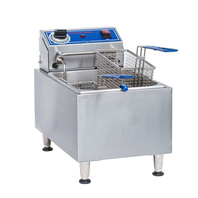 The Globe PF10E electric countertop fryer features a blue control panel, temperature knob, and power switch. Its metal basket with blue handle rests in a 10 lbs. oil capacity basin, all supported by four sturdy short legs.