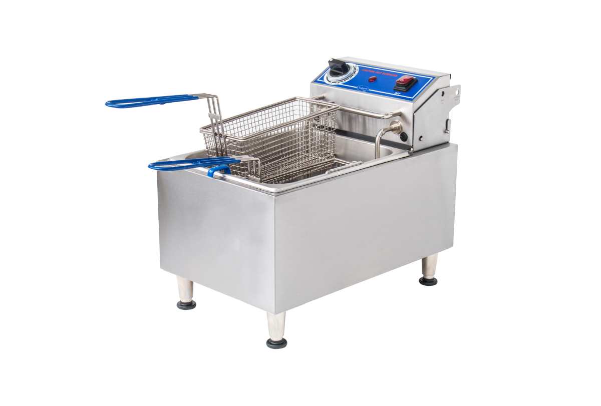 The Globe PF10E electric countertop fryer features two wire baskets with blue handles, control knobs, and indicator lights. With a 10 lbs. oil capacity, this stainless steel unit sits on four legs against a plain white background.