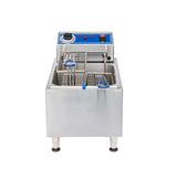 A Globe PF10E electric countertop fryer with 10 lbs. oil capacity, featuring two metal frying baskets with blue handles, a front-facing control panel with temperature dial, indicator lights, and power switch. The stainless steel fryer stands on four sturdy legs.