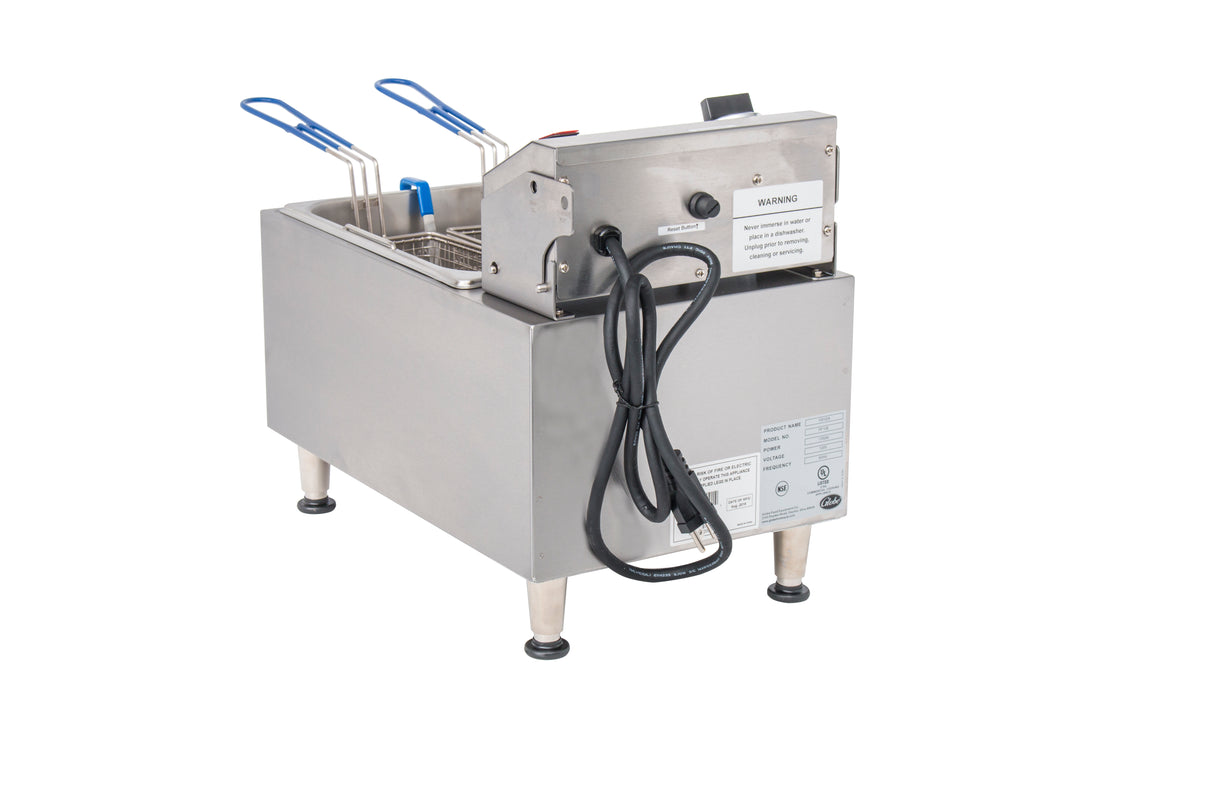A Globe PF10E electric countertop fryer with a 10 lbs. oil capacity features two fryer baskets with blue handles, an attached power cord, warning labels, and stands on four metal legs with black feet. The background is plain white.