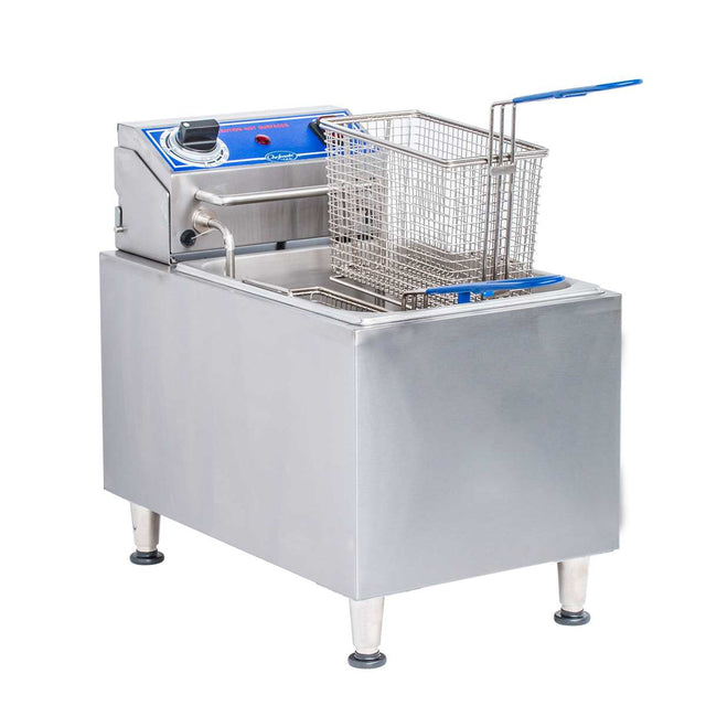 A Globe PF16E electric countertop fryer with a stainless steel body and 16 lbs. oil capacity stands on four short legs. A metal frying basket with a blue handle rests above the tank, next to the control panel and temperature knob.