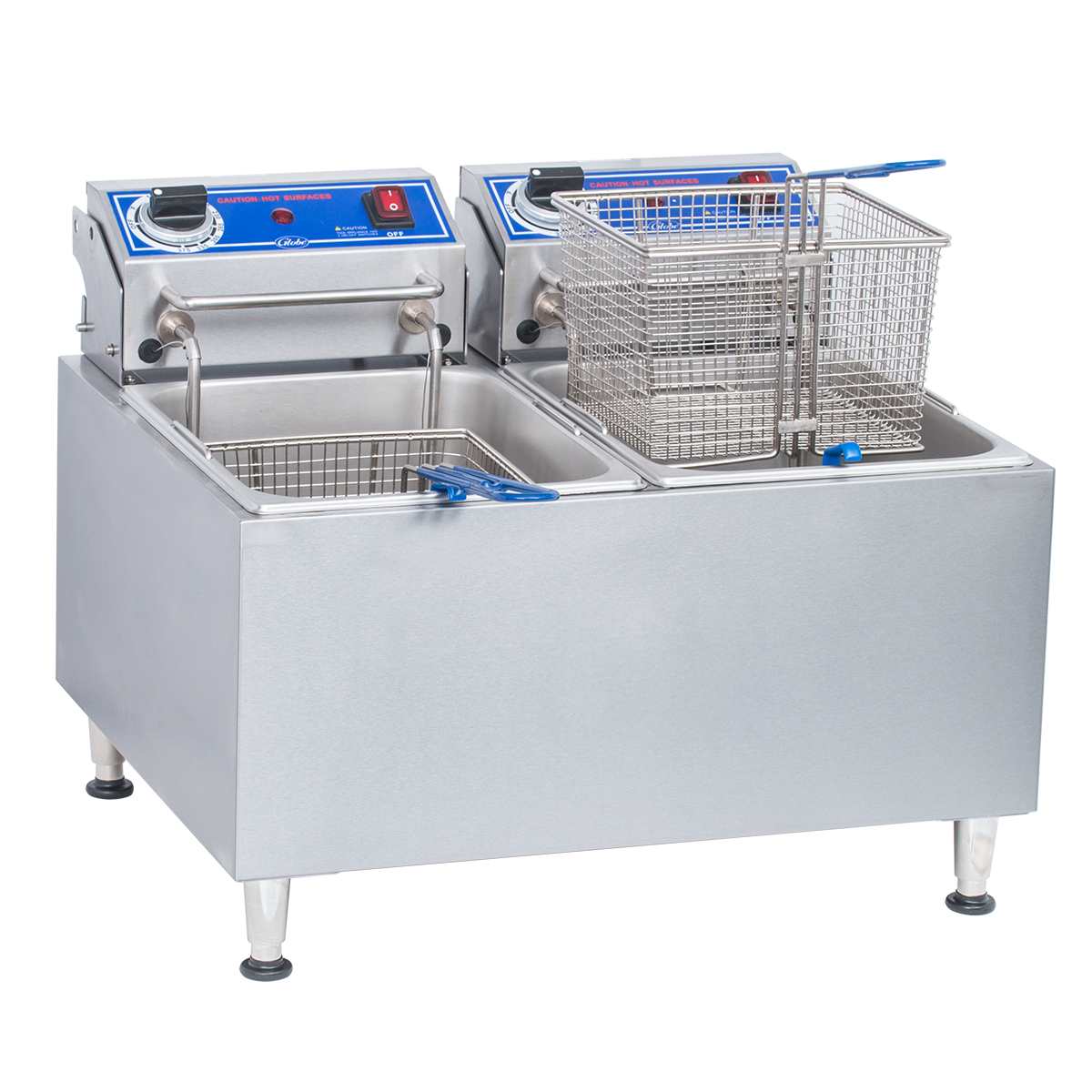 A stainless steel electric countertop fryer with 32 lbs. oil capacity, featuring dual tanks, two metal baskets, blue control panels, temperature dials, and a removable control box. Stands on four short legs; one basket sits in a tank while the other is above it.