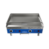 The Globe PG24E electric countertop griddle features a blue front panel, three black knobs with red indicator lights, raised splash guards, a grease tray underneath, and four short legs. This quick ship griddle is ideal for any commercial kitchen.