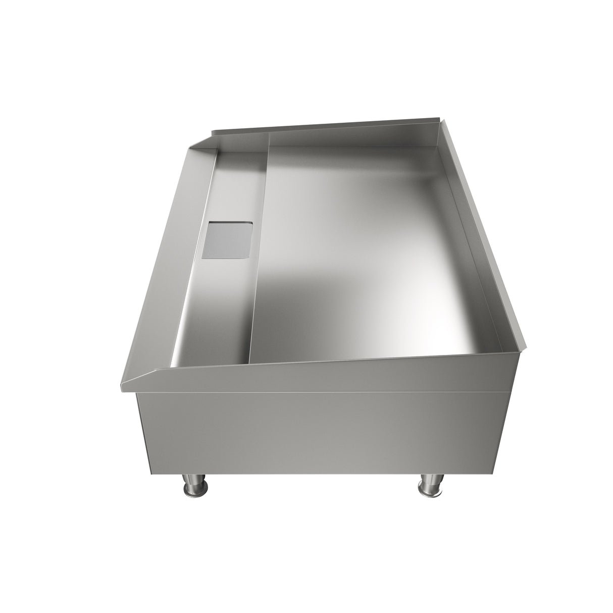 A stainless steel industrial sink with raised back and side edges, a flat work surface, and four sturdy legs is shown. Perfect for kitchens featuring the Globe PG24E electric countertop griddle. The image is taken from a front-top angle on a white background.