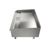 A stainless steel industrial sink with raised back and side edges, a flat work surface, and four sturdy legs is shown. Perfect for kitchens featuring the Globe PG24E electric countertop griddle. The image is taken from a front-top angle on a white background.