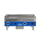 The Globe PG24E electric countertop griddle features a stainless steel surface, blue front panel, two control knobs, red indicator lights, and four sturdy metal legs. The Globe brand is prominently displayed at the center. This is a quick ship griddle.