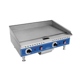 The Globe PG24E is a stainless steel electric countertop griddle featuring a blue front panel, two control knobs, indicator switches, and a flat cooking surface. Its small legs and central grease tray make this quick ship griddle both efficient and convenient.