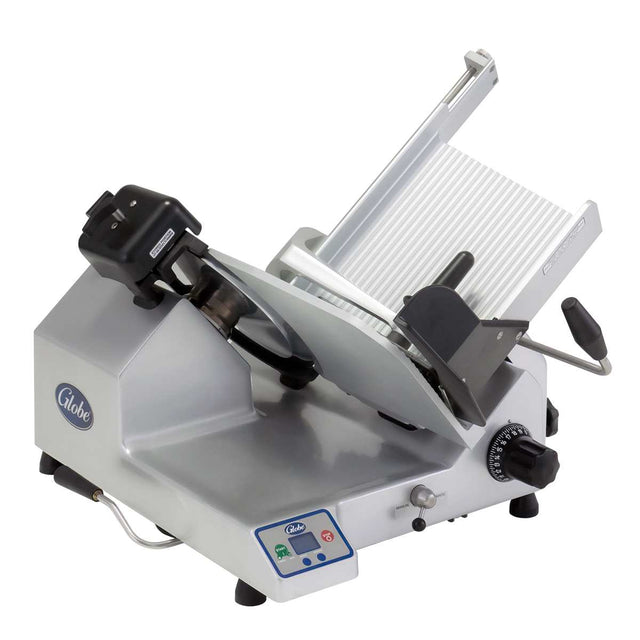 A commercial-grade heavy duty slicer with adjustable thickness settings, a slanted food carriage, black handle, and 13 inch steel knife. The machine features a “Globe” logo and an automatic slicer digital control panel on the front lower right side.