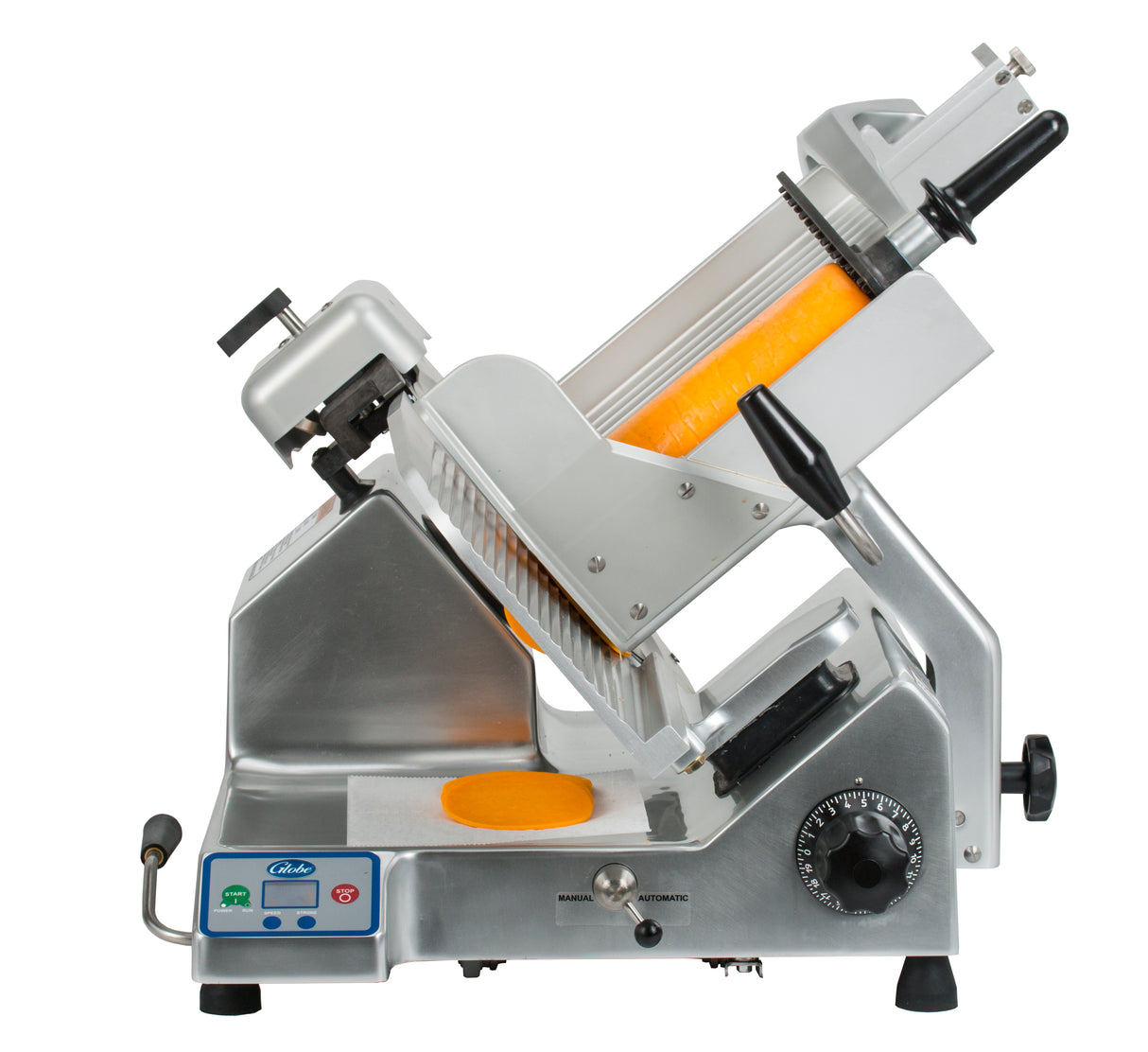 A premium heavy duty slicer with a shiny metal body, black handles, and digital display features a 13 inch steel knife slicing orange cheese on a tilted tray. Various knobs and levers allow easy adjustment of thickness and operation.