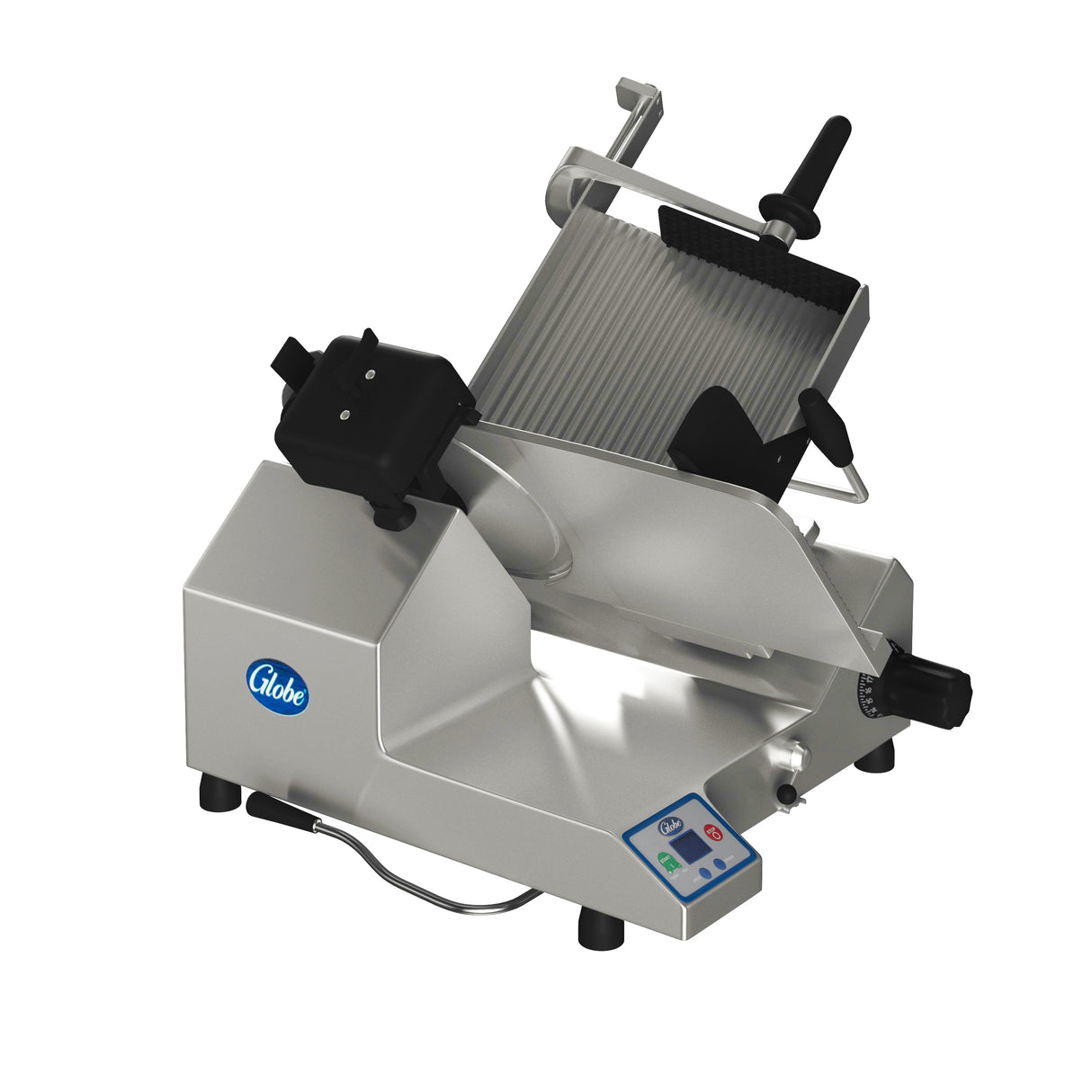 A premium heavy duty slicer, this commercial meat slicer features a silver metallic body, 13 inch steel knife, black handle, adjustment knobs, and a control panel with colored buttons. The Globe logo stands for quality in slicing deli meats or cheeses.