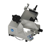 A premium heavy duty slicer, this commercial meat slicer features a silver metallic body, 13 inch steel knife, black handle, adjustment knobs, and a control panel with colored buttons. The Globe logo stands for quality in slicing deli meats or cheeses.