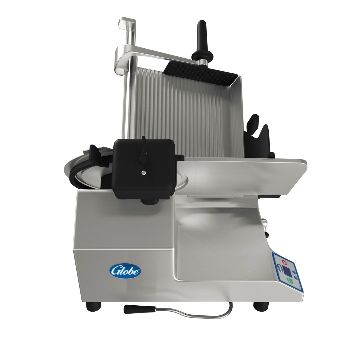 A premium heavy duty slicer with a ribbed metal cutting surface, black handle, and adjustment knob. The Globe automatic slicer features a silver body, 13 inch steel knife, food tray, and digital control panel—all built for professional use.