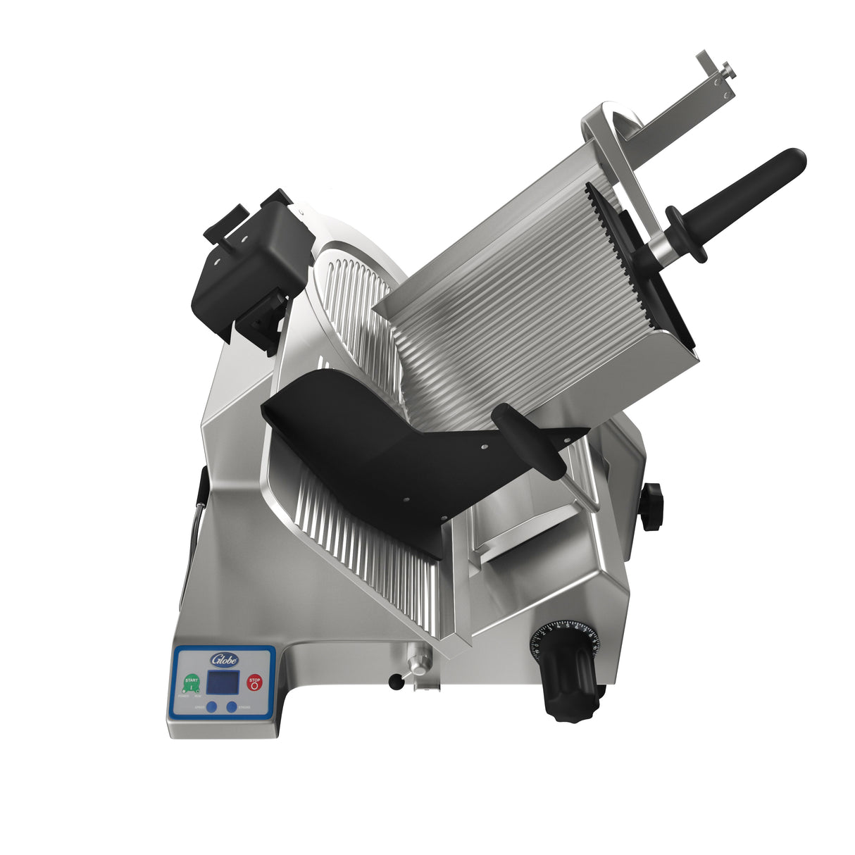 A premium heavy duty slicer, this stainless steel electric model features a 13 inch steel knife, ribbed slanted tray, black handle, circular blade, and digital controls. Its angled design includes adjustment knobs and visible safety features.