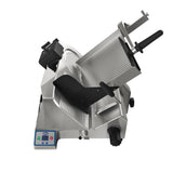 A premium heavy duty slicer, this stainless steel electric model features a 13 inch steel knife, ribbed slanted tray, black handle, circular blade, and digital controls. Its angled design includes adjustment knobs and visible safety features.