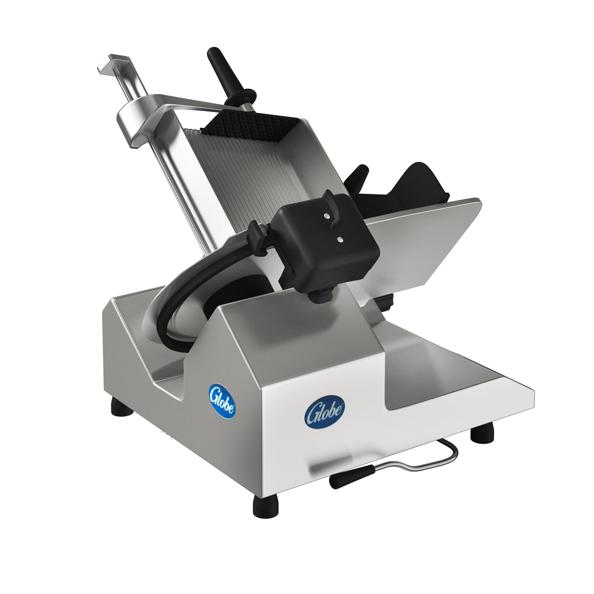 A premium heavy duty slicer with a stainless steel body, tilted carriage, black handle, 13 inch steel knife blade, and Globe branding on the base—ideal for slicing deli meats or cheeses on any countertop.