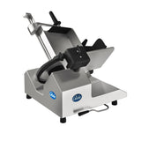 A premium heavy duty slicer with a stainless steel body, tilted carriage, black handle, 13 inch steel knife blade, and Globe branding on the base—ideal for slicing deli meats or cheeses on any countertop.