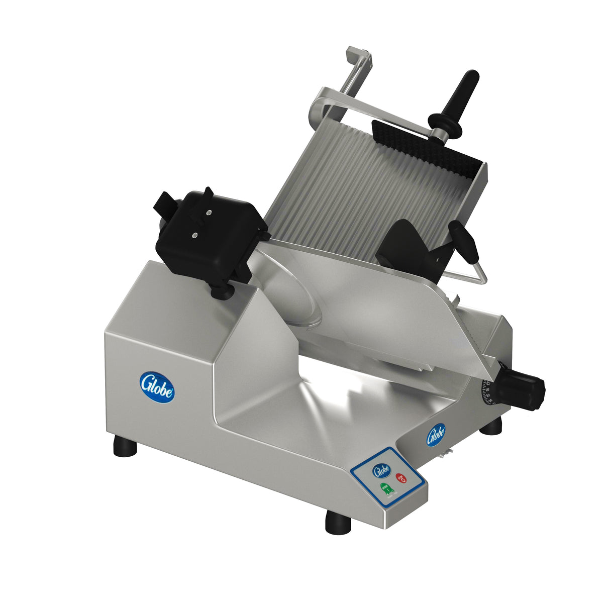 A premium manual slicer by Globe, this heavy duty slicer features a 13” steel knife, adjustable thickness knob, sliding food carriage with black handle, metallic finish, base buttons and Globe logos—all supported by four sturdy feet.