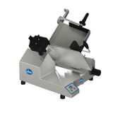 A premium manual slicer by Globe, this heavy duty slicer features a 13” steel knife, adjustable thickness knob, sliding food carriage with black handle, metallic finish, base buttons and Globe logos—all supported by four sturdy feet.