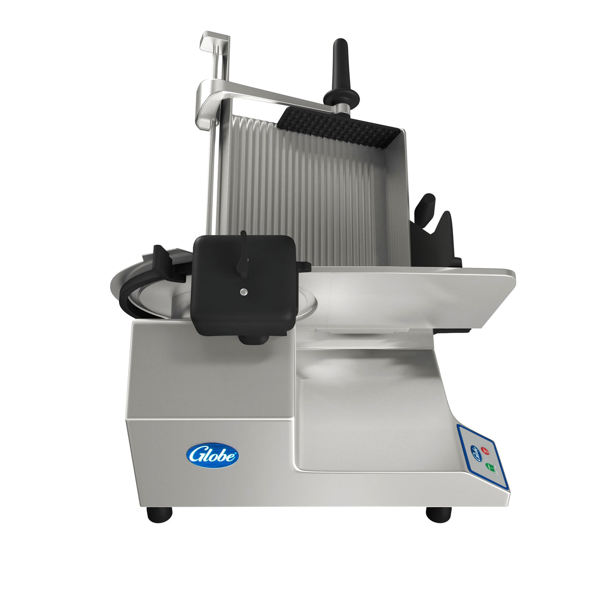 A premium manual slicer with a silver body, black handles, a ridged 13” steel knife blade, adjustable guard, and Globe logo on the base. The heavy duty slicer features a tilted food carriage and control buttons on the lower right side.