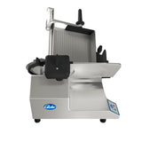 A premium manual slicer with a silver body, black handles, a ridged 13” steel knife blade, adjustable guard, and Globe logo on the base. The heavy duty slicer features a tilted food carriage and control buttons on the lower right side.