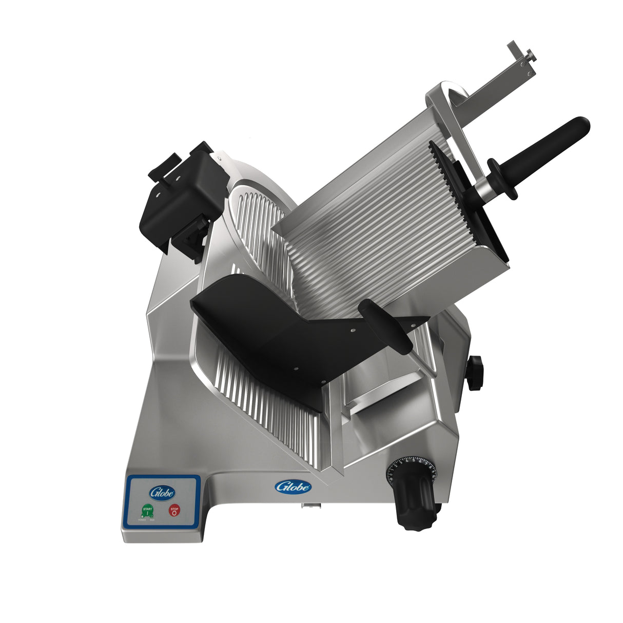 A heavy duty slicer with a stainless steel body, black handle, rotary thickness control knob, safety guard, and 13” steel knife. Features green and red buttons on the base. Shown on a white background for a premium look.